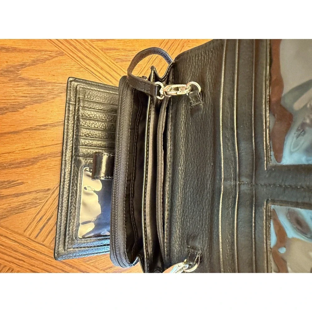 Ladies BRIGHTON Crossbody Organizer Clutch Wallet - Black Leather & Heart Fabric